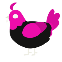A black and fuchsia chicken with a head pattern