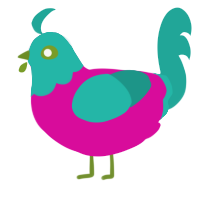 Pilates, a fuchsia and turquoise chicken with a head pattern