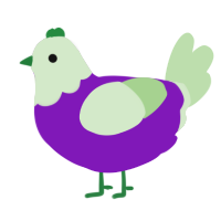 Grub, a violet and gluppy chicken with a head pattern