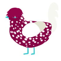 evil shroom baby, a maroon and white chicken with a speckle pattern