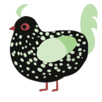 A black and gluppy chicken with a speckle pattern