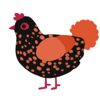 A black and vermilion chicken with a speckle pattern