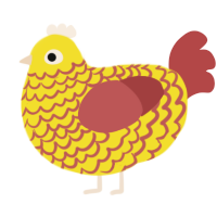 A yellow and red chicken with a lace pattern
