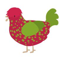 A crimson and chartreuse chicken with a speckle pattern