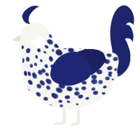 A white and navy chicken with a speckle pattern