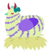 A apple and blurple chicken with a bar pattern