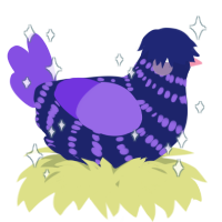 A navy and blurple chicken with a bar pattern