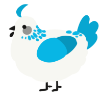 A white and cerulean chicken with a neck-speckle pattern