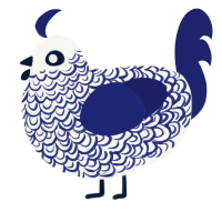 Royalty, a white and navy chicken with a double-lace pattern