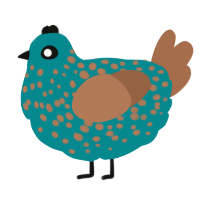 A teal and brown chicken with a speckle pattern