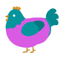 A orchid and teal chicken with a head pattern