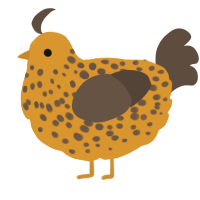 A orange and bark chicken with a speckle pattern