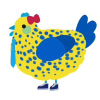 A yellow and ultramarine chicken with a speckle pattern