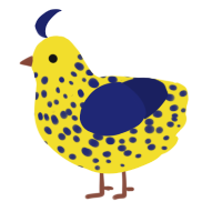 A yellow and navy chicken with a speckle pattern