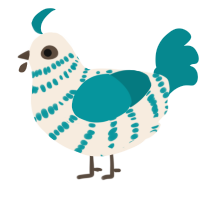 A cream and teal chicken with a bar pattern