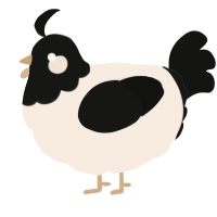 A cream and black chicken with a head pattern