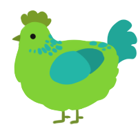 A grass and turquoise chicken with a neck-speckle pattern
