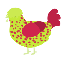 A lime and crimson chicken with a speckle pattern
