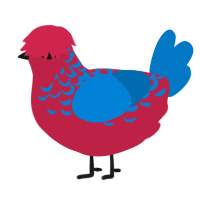 A crimson and sapphire chicken with a half-lace pattern