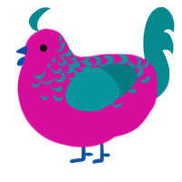 A fuchsia and teal chicken with a half-lace pattern