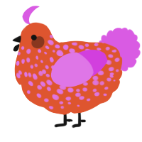 A vermilion and orchid chicken with a speckle pattern