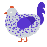 A mist and indigo chicken with a speckle pattern