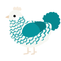 A white and teal chicken with a lace pattern