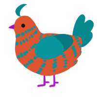A vermilion and teal chicken with a bar pattern