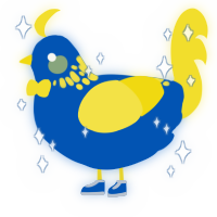 A ultramarine and yellow chicken with a neck-speckle pattern