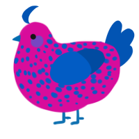 polka, a fuchsia and ultramarine chicken with a speckle pattern