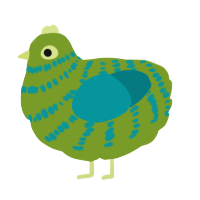A chartreuse and teal chicken with a bar pattern