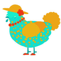 A cerulean and ochre chicken with a speckle pattern