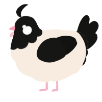 A cream and black chicken with a head pattern