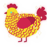 A yellow and crimson chicken with a lace pattern