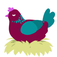 A maroon and teal chicken with a neck-speckle pattern