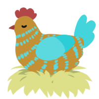 A gold and aqua chicken with a bar pattern