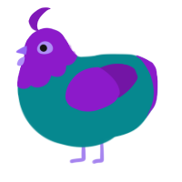 Comfy, a teal and violet chicken with a head pattern