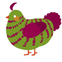 A chartreuse and maroon chicken with a bar pattern