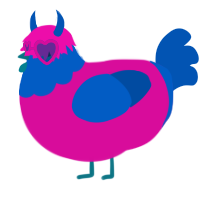 A fuchsia and ultramarine chicken with a head pattern