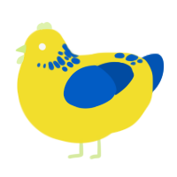 A yellow and ultramarine chicken with a neck-speckle pattern