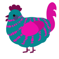 A teal and fuchsia chicken with a bar pattern