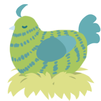 A indigo and red chicken with a bar pattern