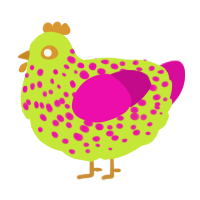 A lime and fuchsia chicken with a speckle pattern