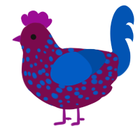 A wine and ultramarine chicken with a speckle pattern