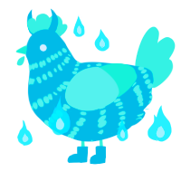A teal and mint chicken with a bar pattern