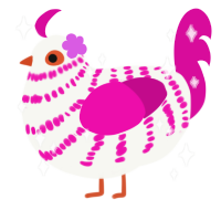 A white and fuchsia chicken with a bar pattern