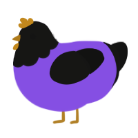 A blurple and black chicken with a head pattern