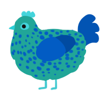 A turquoise and ultramarine chicken with a speckle pattern