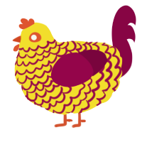 A yellow and maroon chicken with a lace pattern