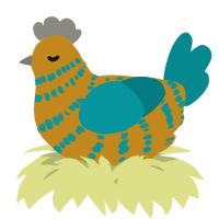 A ochre and teal chicken with a bar pattern